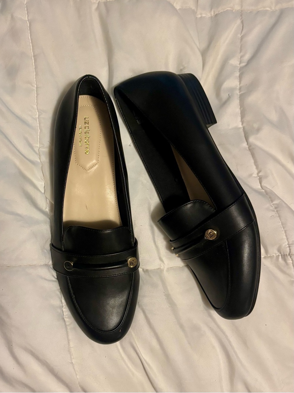 Liz Claiborne Black Leather Penny Loafers with Gold Accents